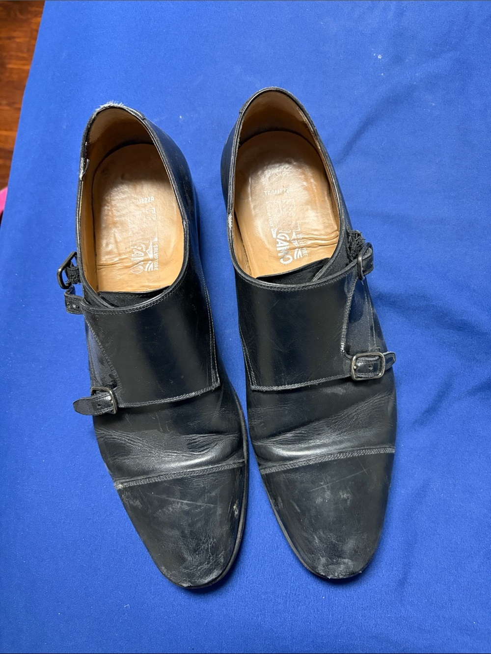Salvatore Ferragamo Black Leather Double Monk Strap Oxfords